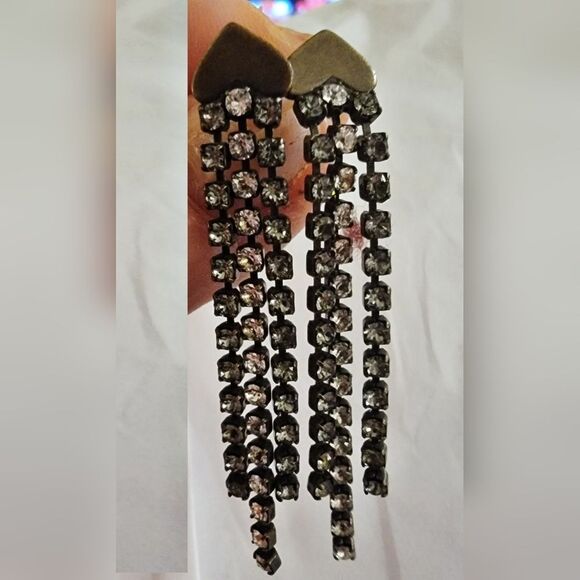 Sabika Black Diamond & Clear Tiara Crystals Silver Heart Dangle Earrings 2.25" - Picture 4 of 6